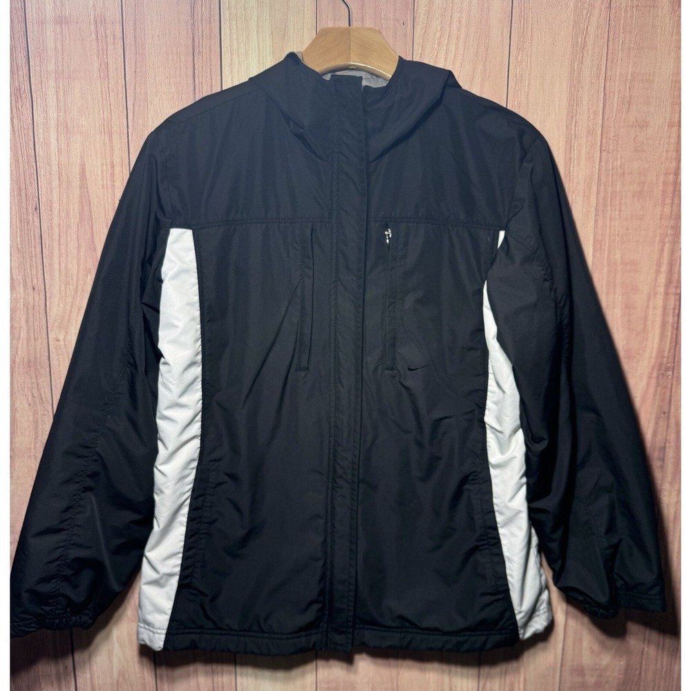 VTG Y2k 2000s NIKE‎ Silver Tag Logo White Black Hooded Rain Wind Jacket Womens S